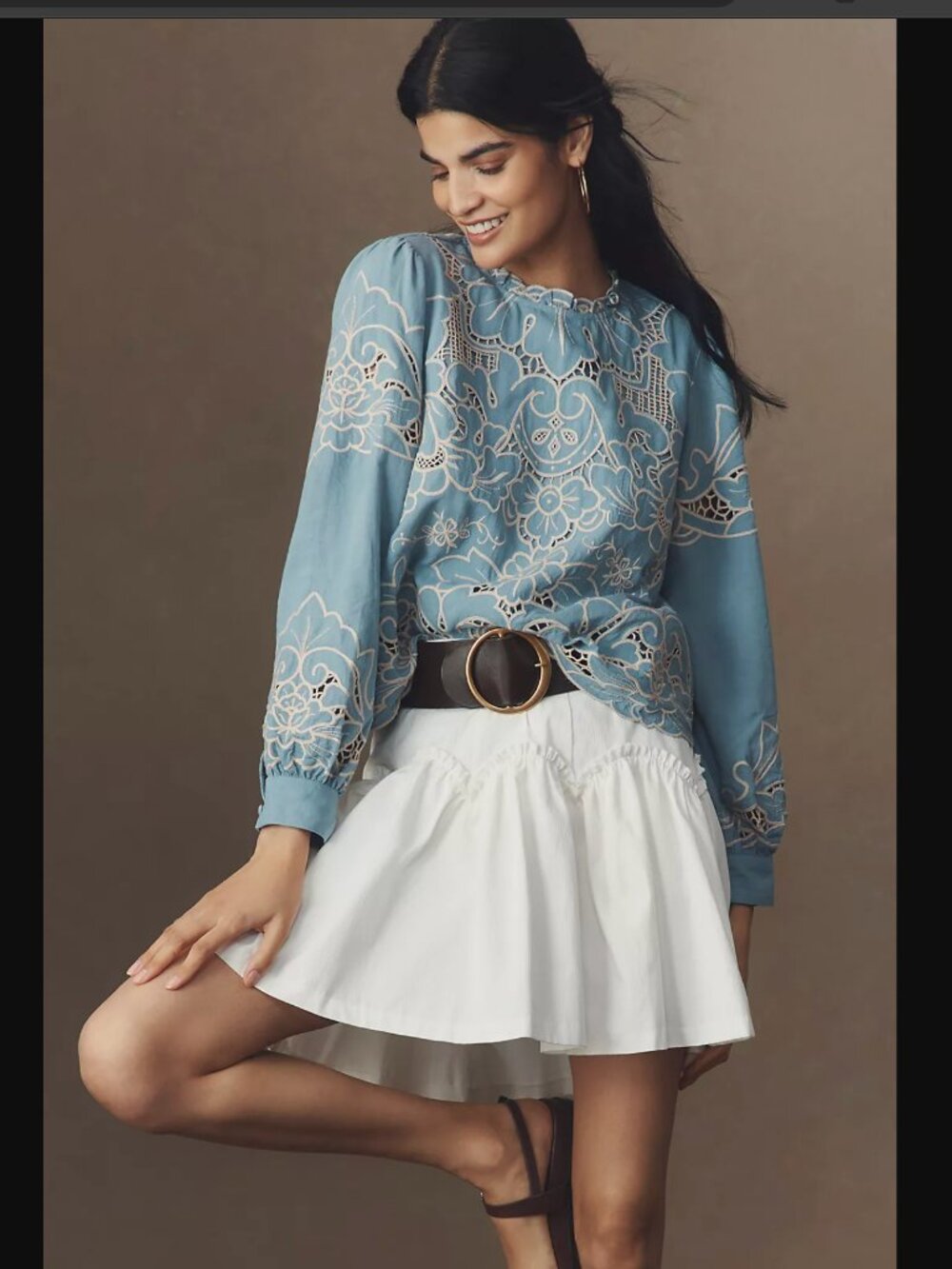 Anthropologie Powder Blue Lace Cutwork Long Sleeve Top